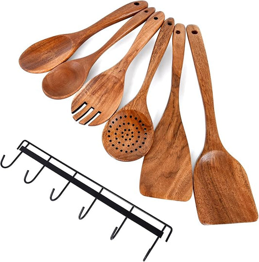 6x Wooden Spoons for Cooking Kitchen Utensil Set Smooth Finish Wooden Cooking Utensils Spoons Filter Spoon and Salad Fork Accessories+1x Kitchen Hooks for Hanging Utensils Rack