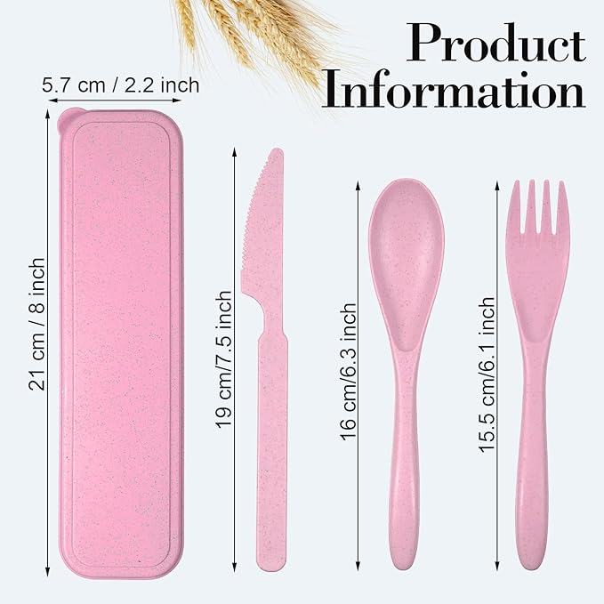 Yahenda 28 Sets Reusable Travel Utensils Set with Case Wheat Straw Cutlery Portable Spoon Knife Fork Tableware Lunch Box Accessories Bulk for Adult Travel Picnic Camping Utensil Gifts(Assorted Colors)