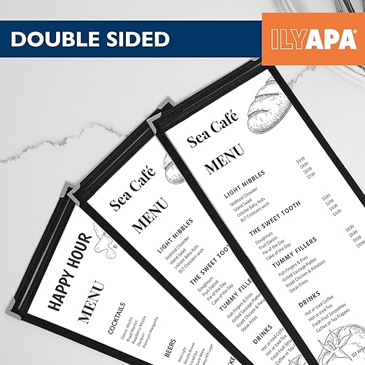 Ilyapa 30 Pack of Menu Covers 4.25 x 11 - Single Page, 2 View, Restaurant Menu Covers, 4.25x11 Clear Plastic Sleeves, Transparent Viewing Surfaces