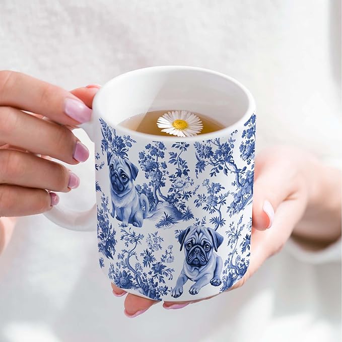 Pug Blue French Toile Mug, Pugs Lover Gifts for Women, Blue Chinoiserie Toile Coffee Cup for Pug Mom, Dog Lovers Tea Coffee Mug Birthday Gifts for Dog Owners, 11oz