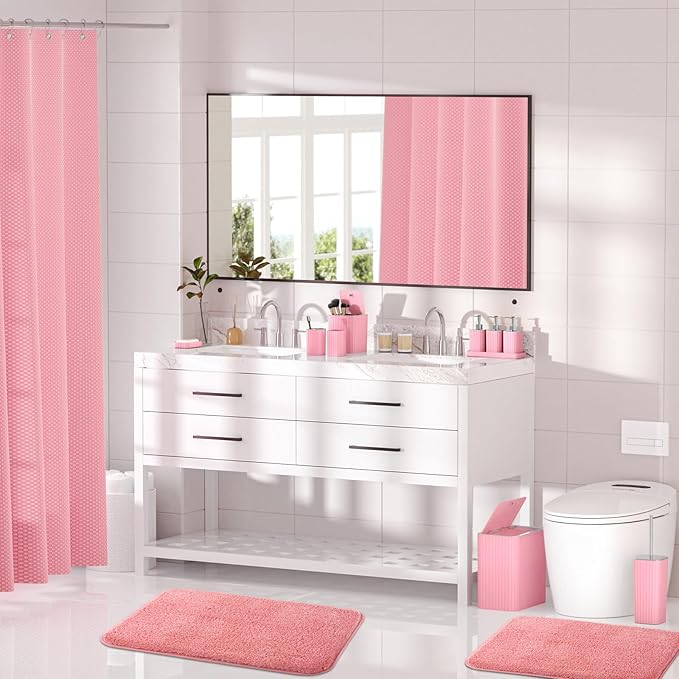 Bathroom Accessory Set - Bathroom Set, 27PC Bathroom Accessories Set, Pink Bathroom Sets with Shower Curtain and Rugs, Mini Trash Can, Toilet Brush, Trash Can & Soap Dispenser