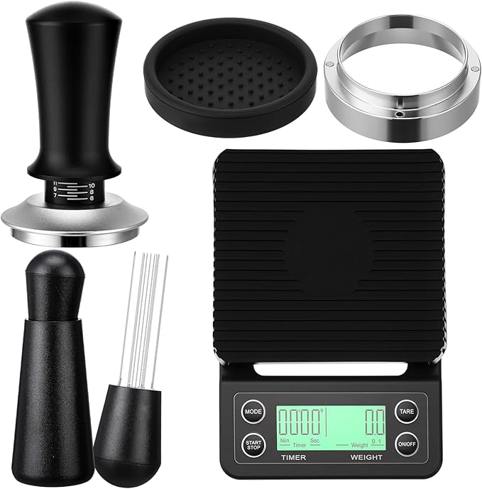 5 Pcs 51mm Espresso Accessories Kit, 3kg/0.1g Accurate Coffee Scale with Timer, Coffee Distributor Spring Loaded Calibrated Tamper WDT Tool and Dosing Funnel Set Fits 51 mm Espresso Machines