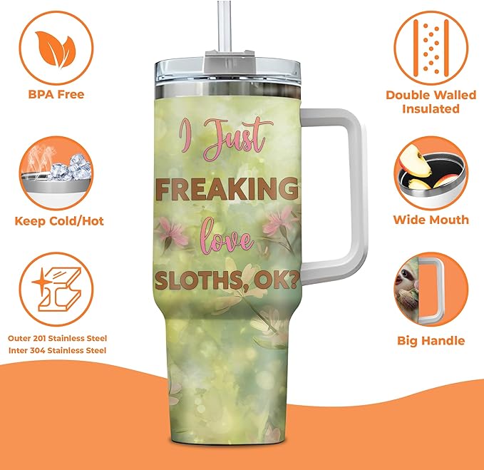 Personalized Sloth 40oz Tumbler with Handle and Straw Gifts for Sloth Lovers, Ideal Animal Lover Gifts For Women Girl, Unique Birthday Christmas Gift, Custom Name Stainless Steel Travel Cup