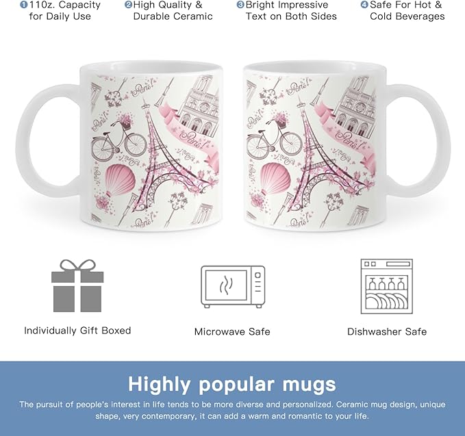 Coffee Mugs Eiffel Tower Pattern Ceramic Latte Mug with Handle 11 OZ for Men Women for Latte Cappuccino Cocoa Milk Dishwasher & Microwave Safe