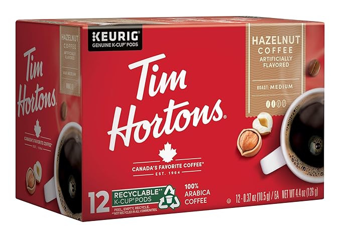Tim Hortons Hazelnut Flavored, Medium Roast Coffee, Single-Serve K-Cup Pods Compatible with Keurig Brewers, 72ct K-Cups, 6x12ct Boxes, Red