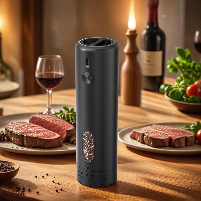 Electric Salt and Pepper Grinder Set Automatic Pepper Mill Shakers Adjustable Coarseness Easy Filling Upgraded USB Rechargeable Electric Spice Mill Set with Led (2 Pack Black/Black）
