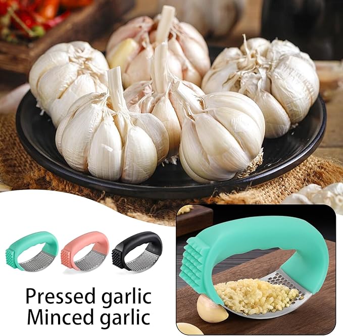 Upgraded Garlic Press Rocker, 2025 New Stainless Steel Garlic Presser, Garlic Mincer Crusher Masher with Peeler and Cleaning Brush, Garlic Chopper for Smash Garlic Kitchen Gadgets Tools (A-GREEN)