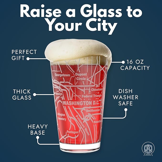 Greenline Goods – Washington, DC Map Pint Beer Glasses (Set of 2), 16 oz – Etched Wrap Design