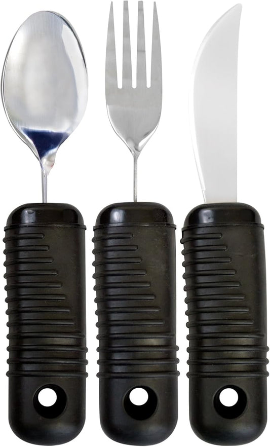 3 Piece Super Easy Grip Flatware Set - Bendable Built Up Utensils - Fork, Knife, and Spoon (Standard) - Black