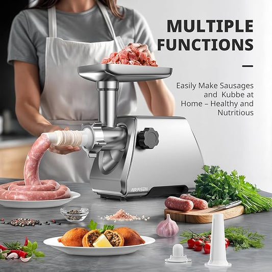 AIRMSEN Electric Meat Grinder & Mincer – Heavy Duty Professional Stainless Steel Sausage Maker & Stuffer with 3 Plates, 2 Stainless Blades & Kubbe Kit – Fast, Quiet, Easy to Clean for Home Kitchen Use
