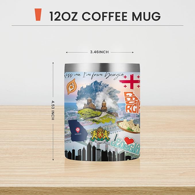 12oz Coffee Mug Georgia State Insulated Coffee Cups, United States Map Travel Mug Landmark, Birthday Gifts Cute Mugs with Lid and Straw Mothers Day Gifts