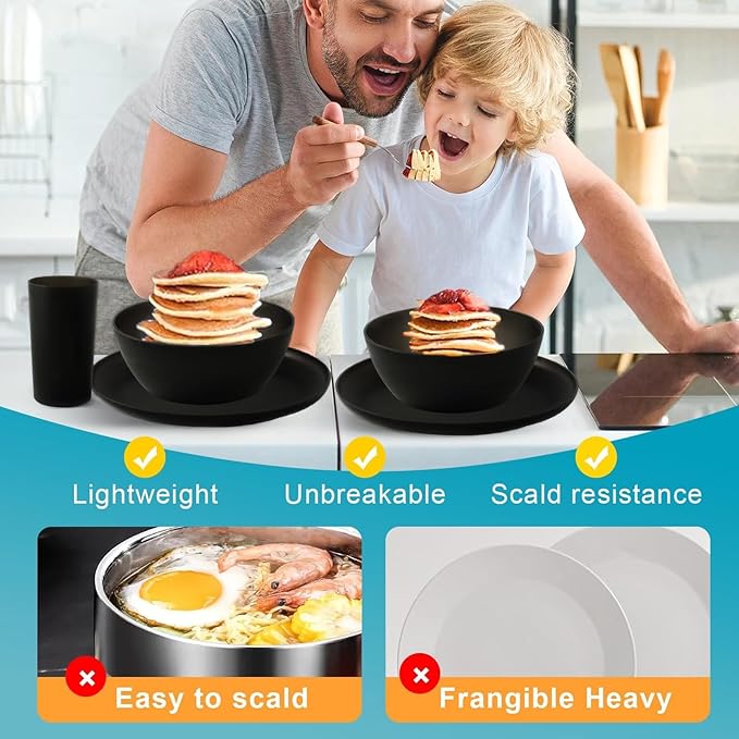 24pcs Dinnerware Sets,Plates and Bowls Sets,Dishes Set for 8,Unbreakable Modern Dish Sets,Reusable Dinning Set,Dishware Sets for Kitchen,Party or Picnic, Dishwasher Safe,Black,BPA free