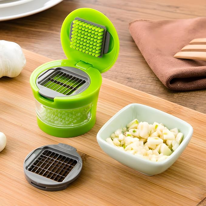 Garlic Chopper with Storage Container, Manual Garlic Press, Portable Ginger Press Crusher Mincer, Manual Food Processor Vegetable Chopper