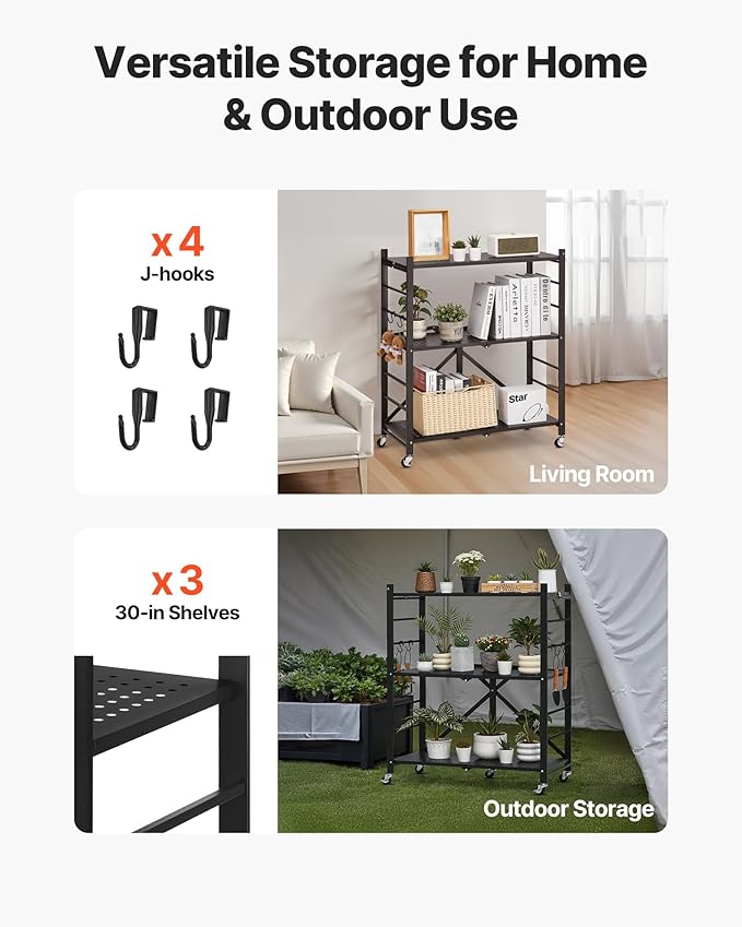 VEVOR 3-Tier Foldable Storage Shelf, 30W x 13D x 36H Inch Folding Metal Rack Shelving Unit, No Assembly Organizer Shelf with 5 Wheels & 4 Hooks for Pantry, Kitchen, Garage, Basement, Black
