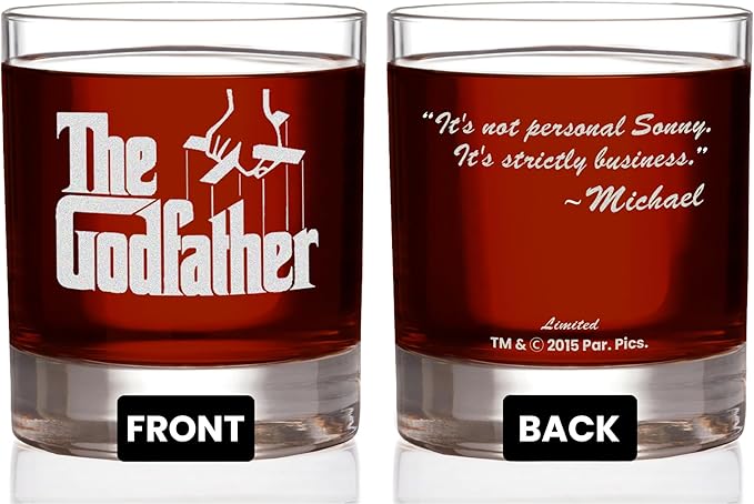 Official Godfather Etched Rocks Whiskey Glass - with Logo & Quote "It's not personal Sonny. It's strictly business" - Premium Quality, Handcrafted Glassware, 11oz. A Collectible Gift