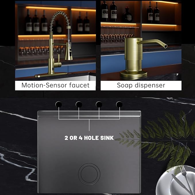 DAYONE Brushed Gold Touchless Kitchen Sink Faucets with Soap Dispenser, Pull Down Smart Hands-Free Spring Faucet for Kitchen Sink Motion Sensor Touch Faucet High Arc
