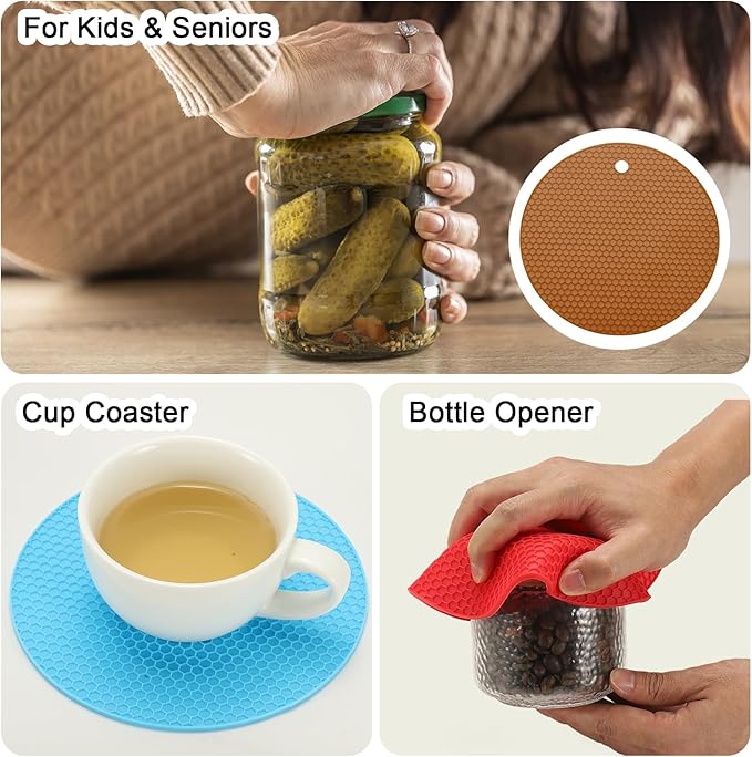 uxcell 4pcs Silicone Jar Opener Pads, 17.5cm/7" Texture Can Opener Multipurpose Round Bottle Lid Opener Non-Slip Coasters for Weak Hands Seniors Children, Brown