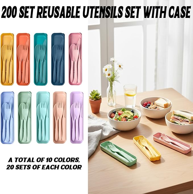 Lasnten 200 Set Reusable Utensils Set with Case Wheat Straw Utensils for Christmas Operation Bulk Items, Plastic Portable Spoon Knives Fork Bulk for Charities Nurseries Christmas Shoe Box Gift Project