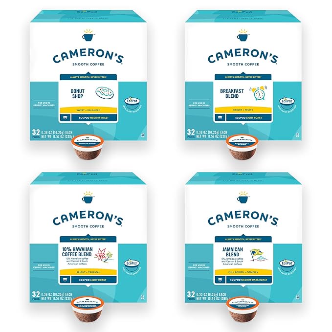 Cameron's Coffee Single Serve Pods, Variety Pack of Donut Shop, Breakfast Blend, 10% Hawaiian Blend, Jamaican Blend, 128 Count