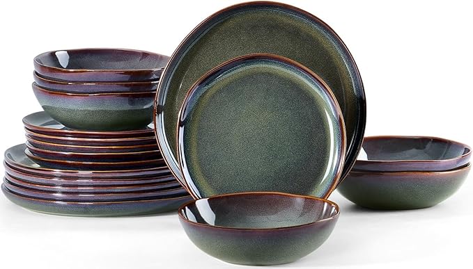 Herogo 18PCS Dinnerware Sets for 6, Stoneware Plates and Bowls Dish Set, Irregular Handmade Dinner Ware Dishware for Kitchen Dinning, Microwave & Dishwasher Safe, Lichen Green