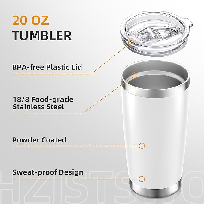 20 oz Tumbler with Lid Stainless Steel Insulated Tumblers Double Wall Vacuum Coffee Mug Powder Coated Tumbler Cups for Cold and Hot Drinks, White, 1 pack