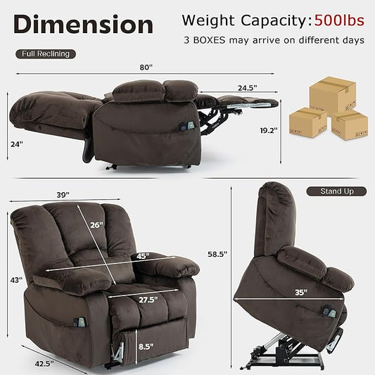 Big Man Recliner 500lbs Power Lift Recliner Chair for Big Tall Elderly Adults Oversized Lay Flat Lift Recliner with Extended Footrest,Heat Massage,Flip Arm Storage Cup Holders,USB Type C