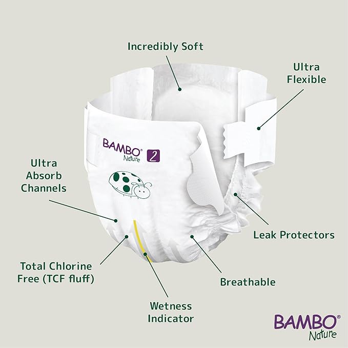Bambo Nature Hypoallergenic Baby Diapers, Eco-Labeled Diapers, Enhanced Leakage Protection, Totally Chlorine-Free, Skin Friendly, and Super Absorbent - Size 2 (180 Count)