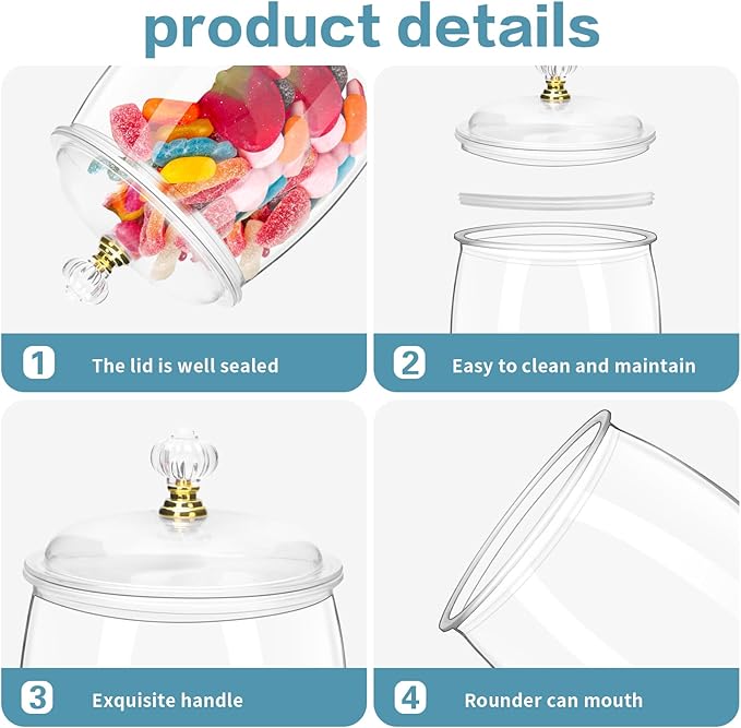 4 Pack 64 Oz Plastic Candy Jar with Lids, Airtight Clear Cookie Storage Containers, Leakproof Apothecary Style Kitchen Organization for Home, Wedding, Pantry & Bathroom Decor