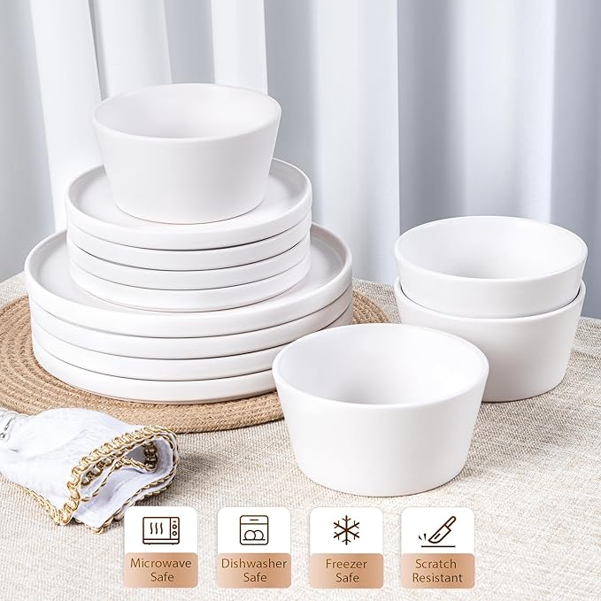 Dinnerware Sets for 4 - CJDC-QUELO 12-Piece Stoneware Plates and Bowls Sets, Ceramic Dishware Sets for Kitchen Use and Formal Dining, Chip and Scratch Resistant Microwave Dishwasher Safe, White