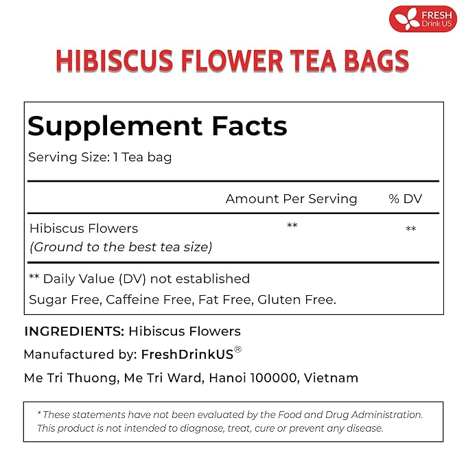 FreshDrinkUS, Premium 10 Hibiscus Flowers Tea Bags, 100% Natural, Pure from Hibiscus Flowers. Loose Flower Herbal Tea. No Sugar, No Caffeine, No Gluten, Vegan.