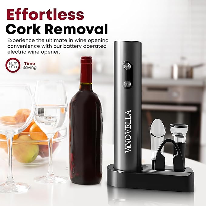 VINOVELLA 4 in 1 Electric Wine Opener Set, Automatic Corkscrew with Foil Cutter, Vacuum Wine Stopper, Wine Pourer, and Storage Base, Best Gift For Wine Lovers