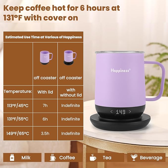 Happiness Smart Heated Coffee Mug,12oz Rechargeable Electric Self Heating Temperature Control Coffee Cup