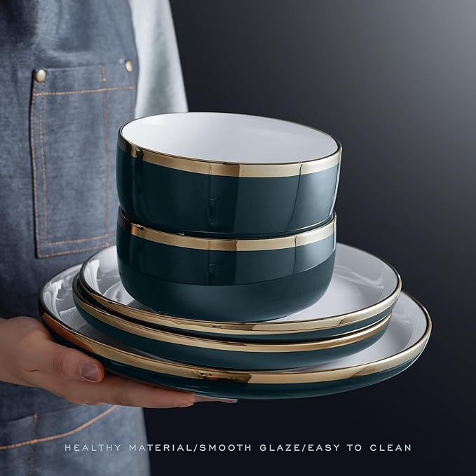 Porcelain Dinnerware Sets, 12 Piece Luxury China Plates and Bowls Sets, Green Dishes Set Gold Rim for Wedding Anniversary Birthday, Modern Dinner Plates Set