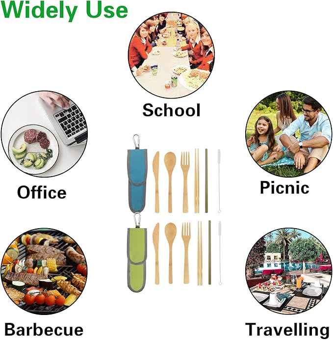 UPTRUST 2 Set Bamboo Cutlery Set Bamboo Travel Utensil Reusable Table cutlery Fork Knife Spoon Chopsticks Straw Cleaning Brush for Travel Picnic School Office（Skyblue& Green）