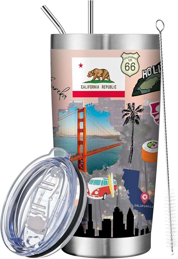 20oz Insulated Tumbler California State Coffee Mug, United States Map Travel Mug Landmark, Travel Souvenirs Birthday Gifts Cute Custom Tumbler Cups with Lid and Straw