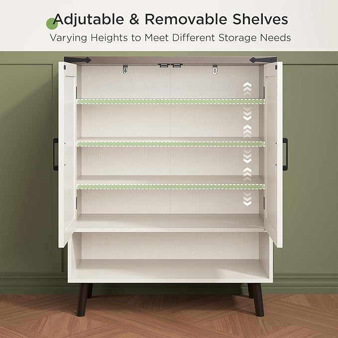 Vabches Farmhouse Shoe Storage Cabinet with Doors, 5 Tier Small Shoe Cabinet with Adjustable Shelves and Metal Legs, 34" Tall Shoe Rack Organizer for Entryway, Foyer, White