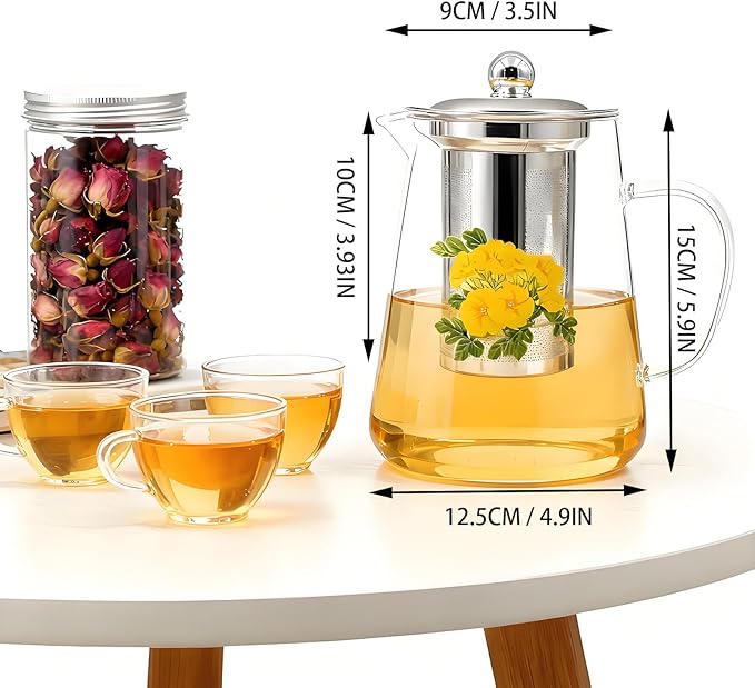 Glass Teapot Stovetop with English Breakfast Tea, 34OZ High Temperature Resistant Borosilicate Clear Tea Kettle with Infuser as Birthday & Christmas Gifts for Women and Men (Transparent)