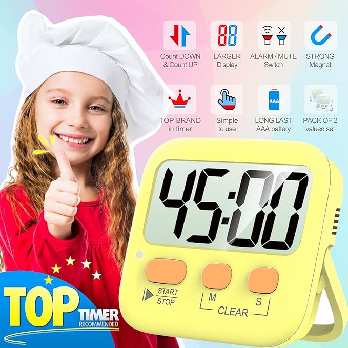 Antonki 2 Pack Digital Timer for Kids, Magnetic Countdown Kitchen Timers for Cooking, Egg, Classroom, Teacher, Exercise, Study, Oven - Battery Included