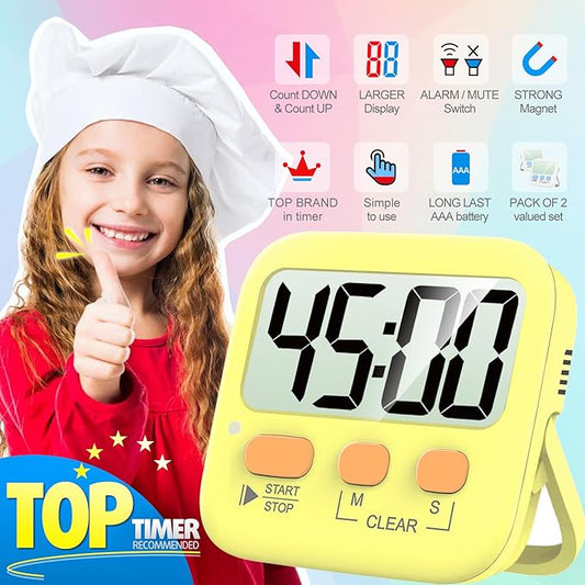 Antonki 2 Pack Digital Timer for Kids, Magnetic Countdown Kitchen Timers for Cooking, Egg, Classroom, Teacher, Exercise, Study, Oven - Battery Included