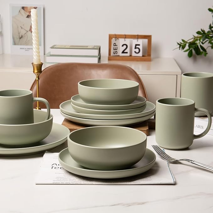 12-Piece Stoneware Dinnerware Set with Mugs | Microwave and Dishwasher Friendly | Stackable Matte Glaze Plates & Bowls | Service for 4