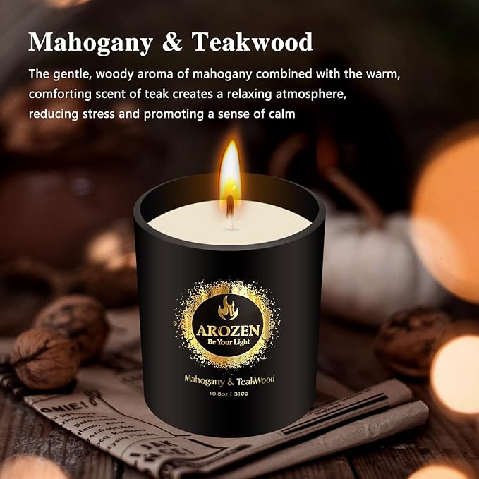 Mahogany Teakwood Scented Candles, Gifts for Men, Father's Day Holiday Masculine Candle Gifts, Black Soy Candles for Home Scented, Extra Large with 70H Long Lasting Burn 10.8oz