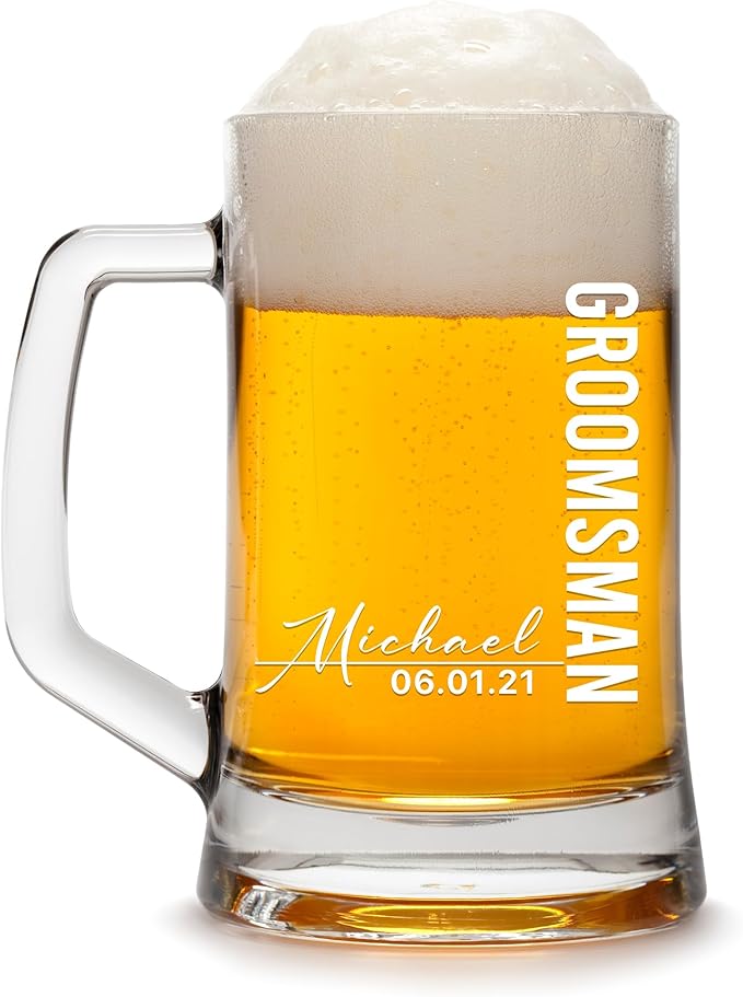 Groomsmen Gifts - Personalized Beer Mugs - Groomsmen Proposal Gift Idea - Customized Gift for Groom, Best Man, Groomsman - Custom Engraved Beer Mugs for Grooms Men - Groomsmen Beer Glasses (Design D)