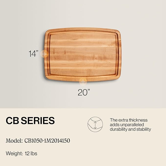 John Boos CB Series Rectangular Wooden Maple Cutting Board 20”x14” – 1.5” Thick, 12-lb Reversible Butcher Block with Rounded Edges, Juice Groove, Edge-Grain & Finger Grips – Made in the USA