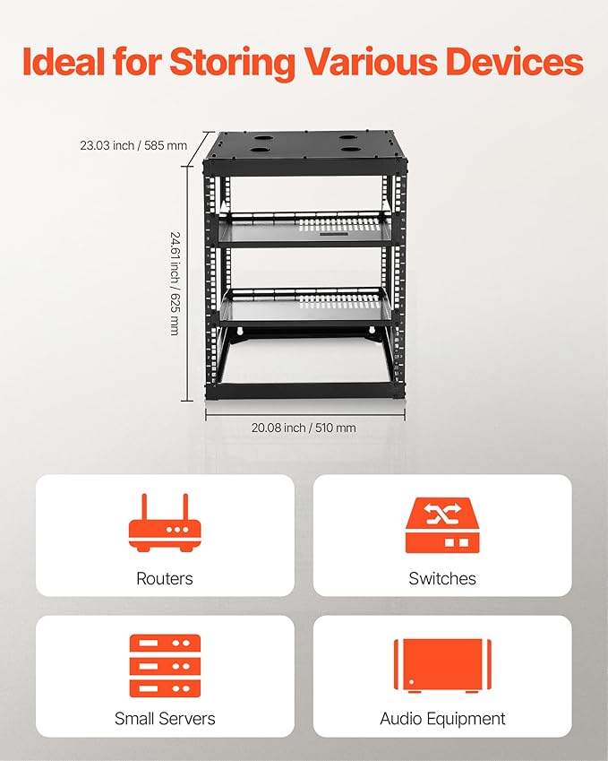 VEVOR 12U Server Rack, Open Frame Network Rack for IT & AV Gear, Floor Standing or Wall Mounted,with 2PCS 1U Rack Shelves & Mounting Hardware, AV Rack for 19" Networking,Audio and Video Device