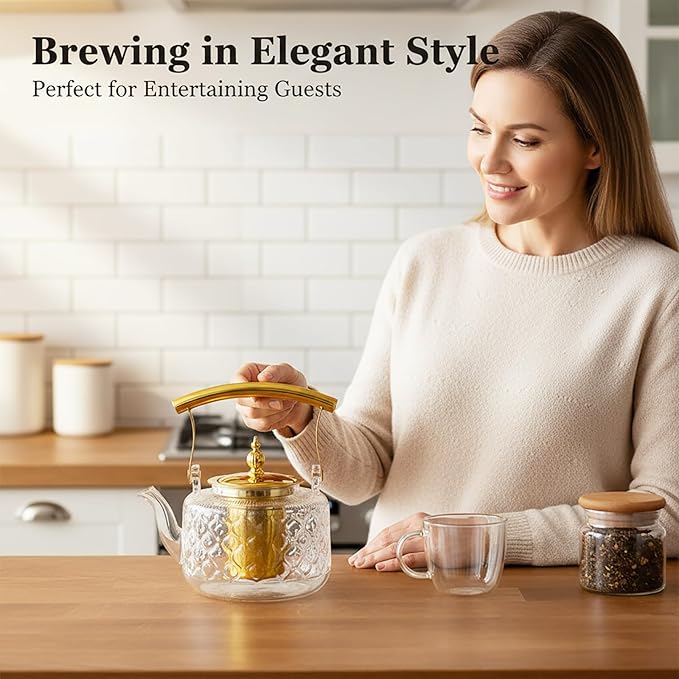 High Borosilicate Glass Teapot, 36 oz Thickened Heatproof Glass Teapot with Removable Stainless Steel Infuser and Lid, Stovetop Safe Tea Kettle, Hand Crafted Kettle, for Women and Adult