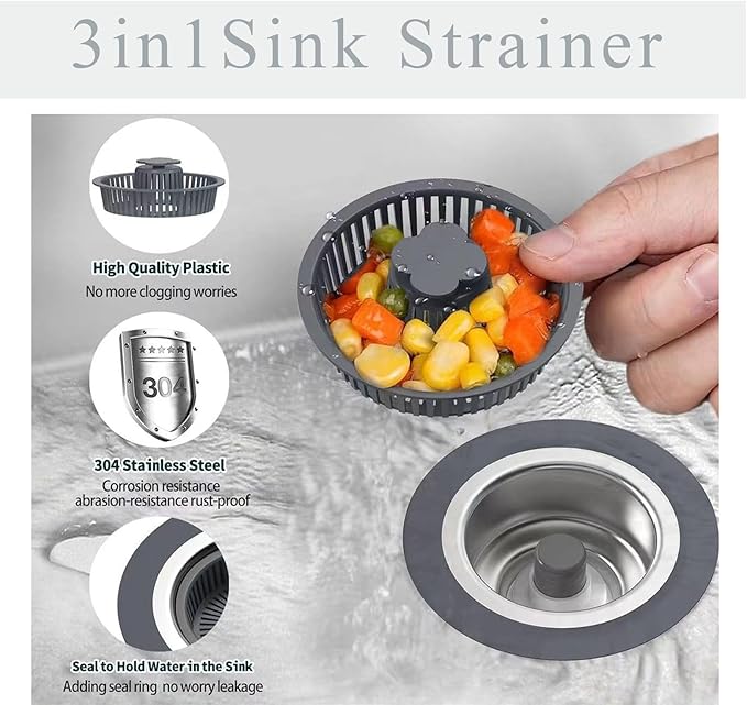 Kitchen Sink Drain Strainer, 3 in 1 Stainless Steel Kitchen Sink Stopper and Strainer, for Standard 3-1/2 Inch Drain(Opening Diameter is 2.83-3.38 inches,Depth >1.7 in)