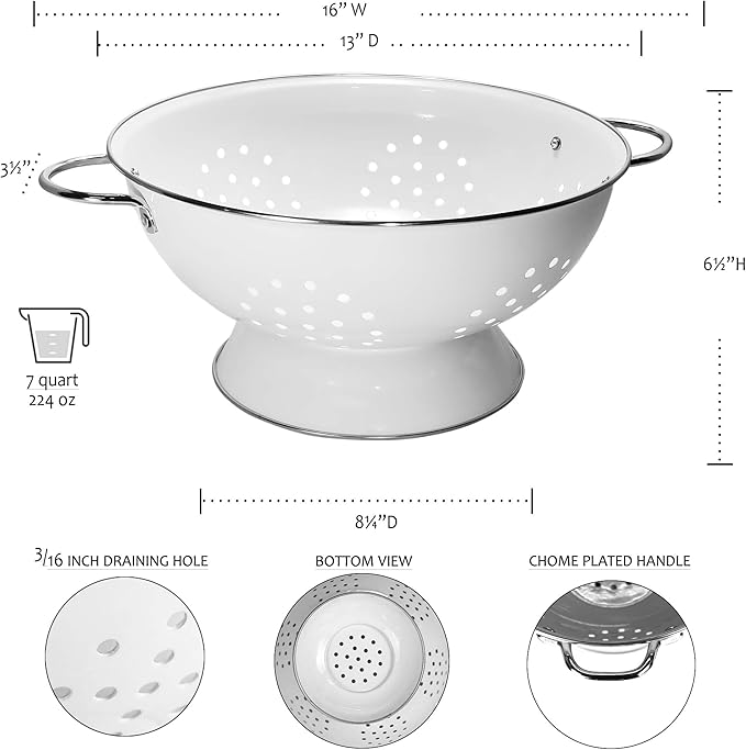 Reston Lloyd Calypso Basics Extra Large Enameled Colander with Solid Base, Strainer Basket with Handles, for Pasta, Berries, Vegetables, Fruit, Magenta ( 7 Quart, 224oz/ 6.6 L )