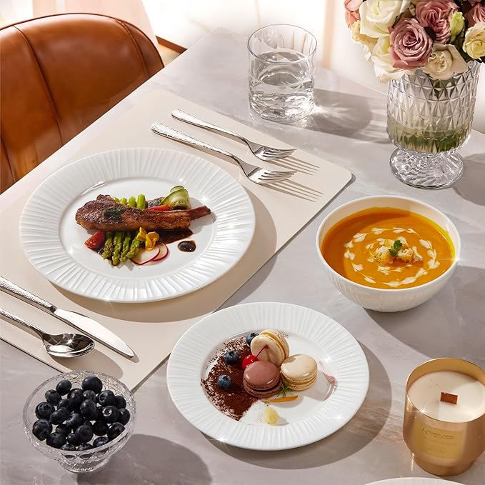 KINGSTONE Bone China Dinnerware Set, 12-Piece White Lightweight Porcelain with Textured Design Service for 4, Plates, Bowls, for Family Dining, Restaurants, Gifting，Microwave and Dishwasher Safe