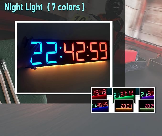 17.3'' Huge Digital Wall Clock, Home Gym Interval Workout Timers, with Countdown, Stopwatch, 7-Color Light, 8-Alarms, Calendar/Temperature Display, for HIIT/Tabata/FGB/EMOM (Red)