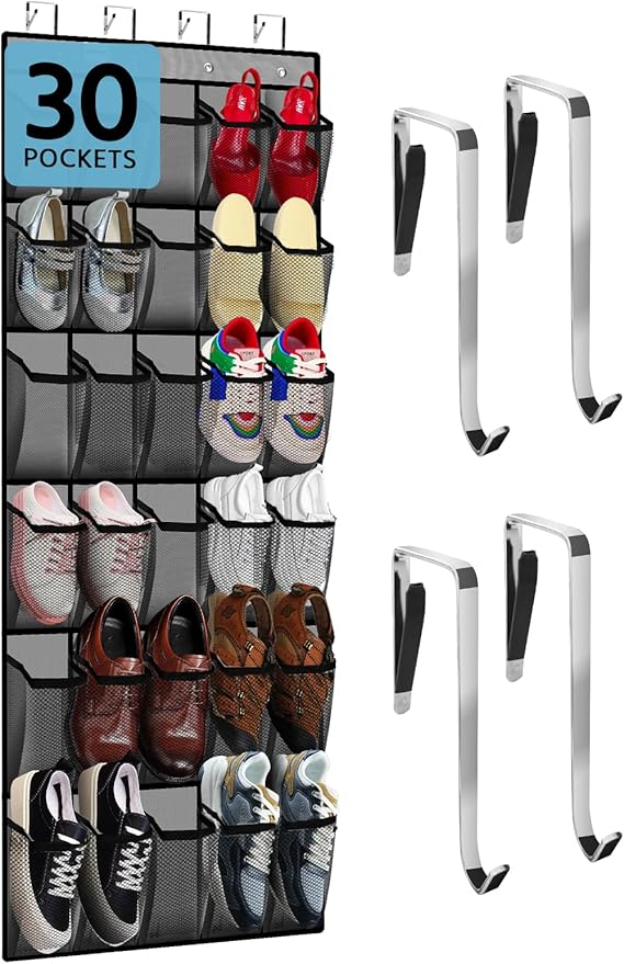 PAULONE Over the Door Shoe Organizer, 30 Multi-Size Large Breathable Mesh Pockets, Reusable Breathable Large Mesh Pockets, Boys' and Girls' Shoe Organizer, Space Saving Hanging Organizer (Gray)